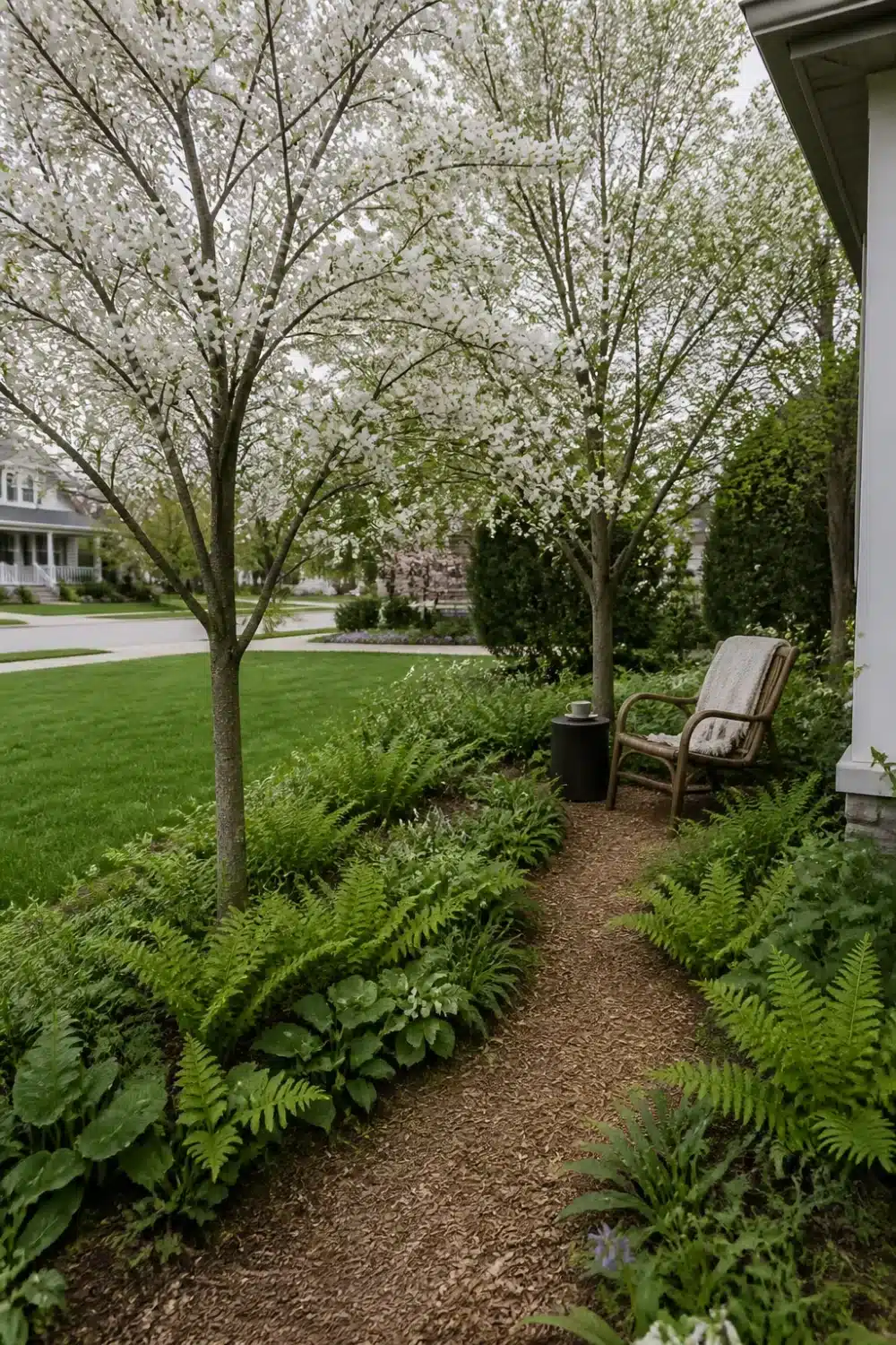 Front yard tree landscaping with white blooming serviceberry trees, fern border, and gravel path along house.