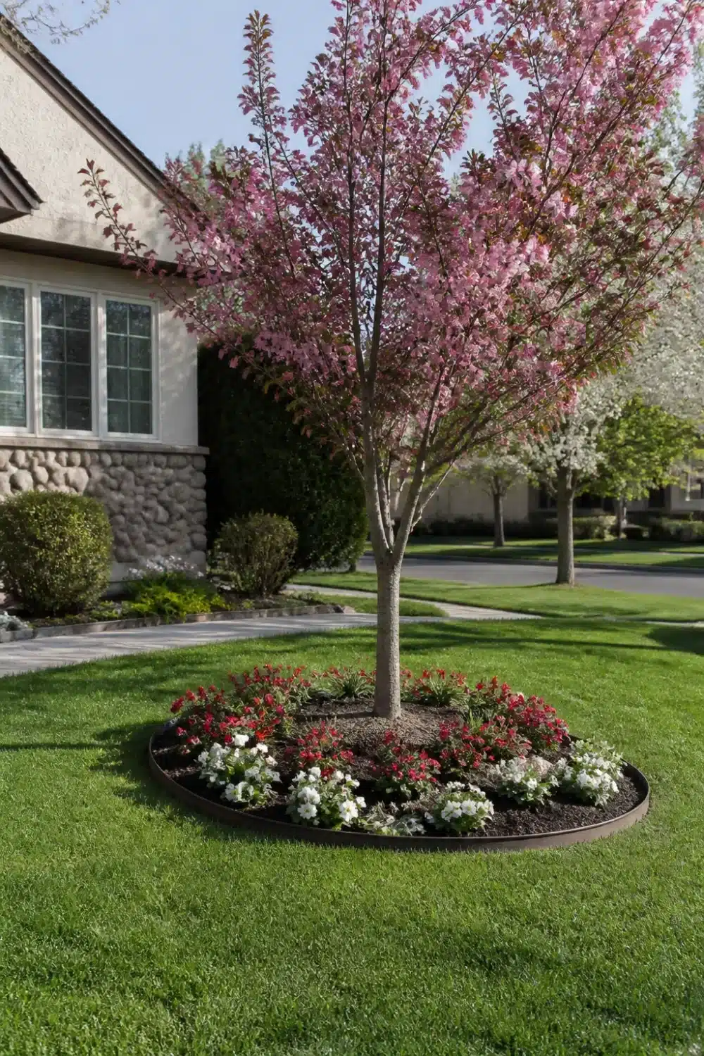 Front yard tree landscaping with a pink crabapple tree in a circular red and white annual island bed.