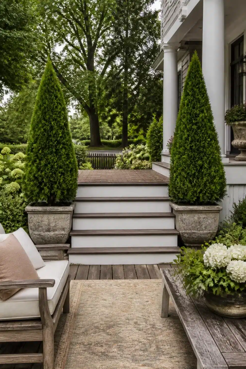 Front yard tree landscaping with dwarf Alberta spruce in stone planters flanking porch steps and hydrangeas below.