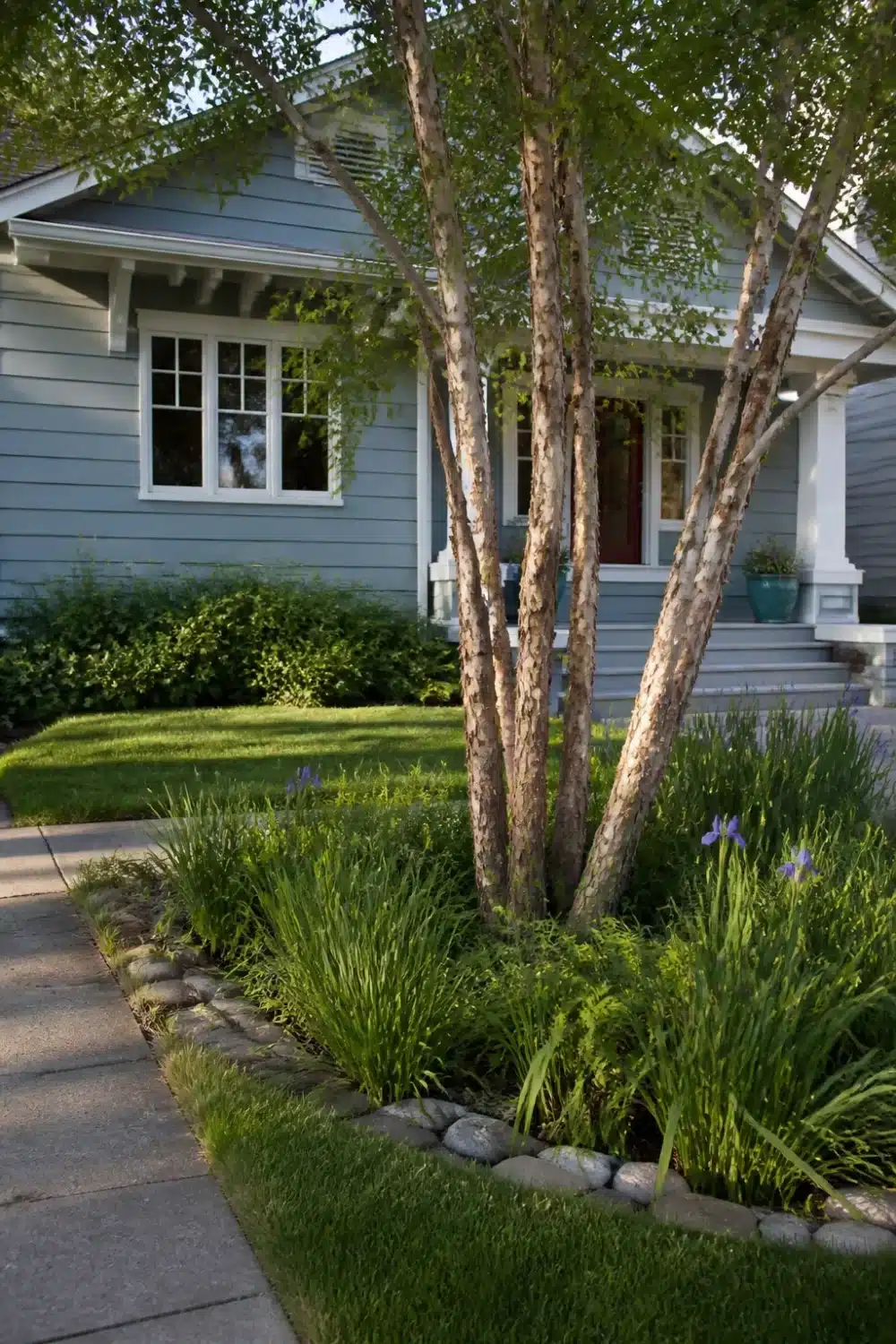 Front yard tree landscaping with multi-stem river birch, river rock edging, iris, and ornamental grasses.