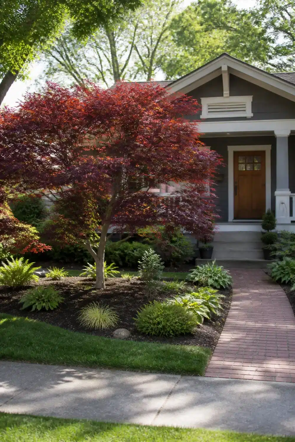 Front yard tree landscaping with a red Japanese maple as a single specimen in a dark mulched garden bed.