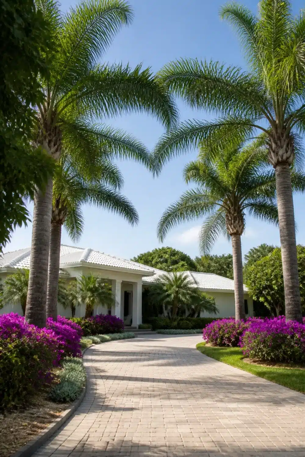 Front yard tree landscaping with royal palms and magenta bougainvillea lining a paver driveway to a white home.