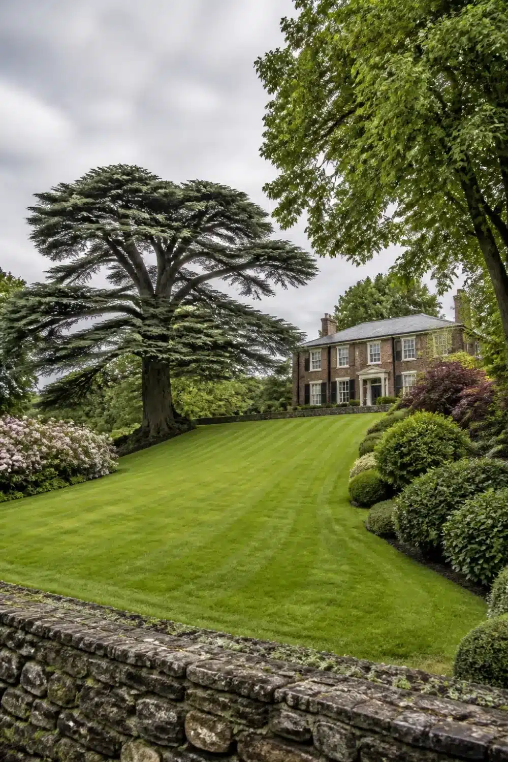Front yard tree landscaping with a Cedar of Lebanon, striped formal lawn, and clipped shrubs beside a Georgian brick home.
