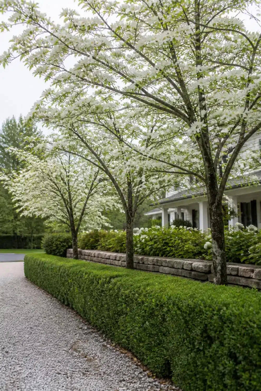 Front yard tree landscaping with white flowering dogwoods, clipped boxwood hedge, and stone retaining wall along gravel driveway.