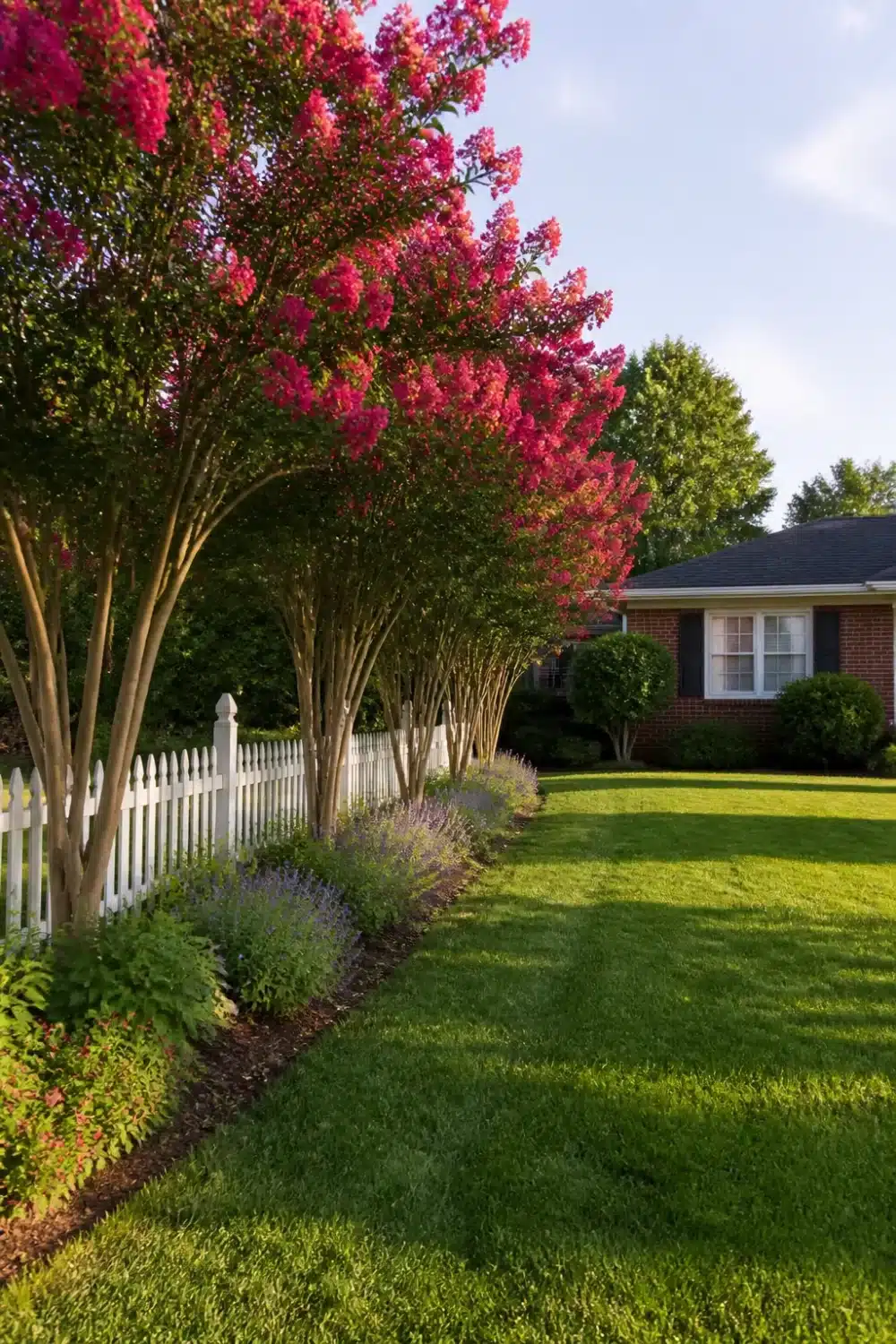 Front yard tree landscaping with a row of hot pink crape myrtles along a white picket fence and flower border.