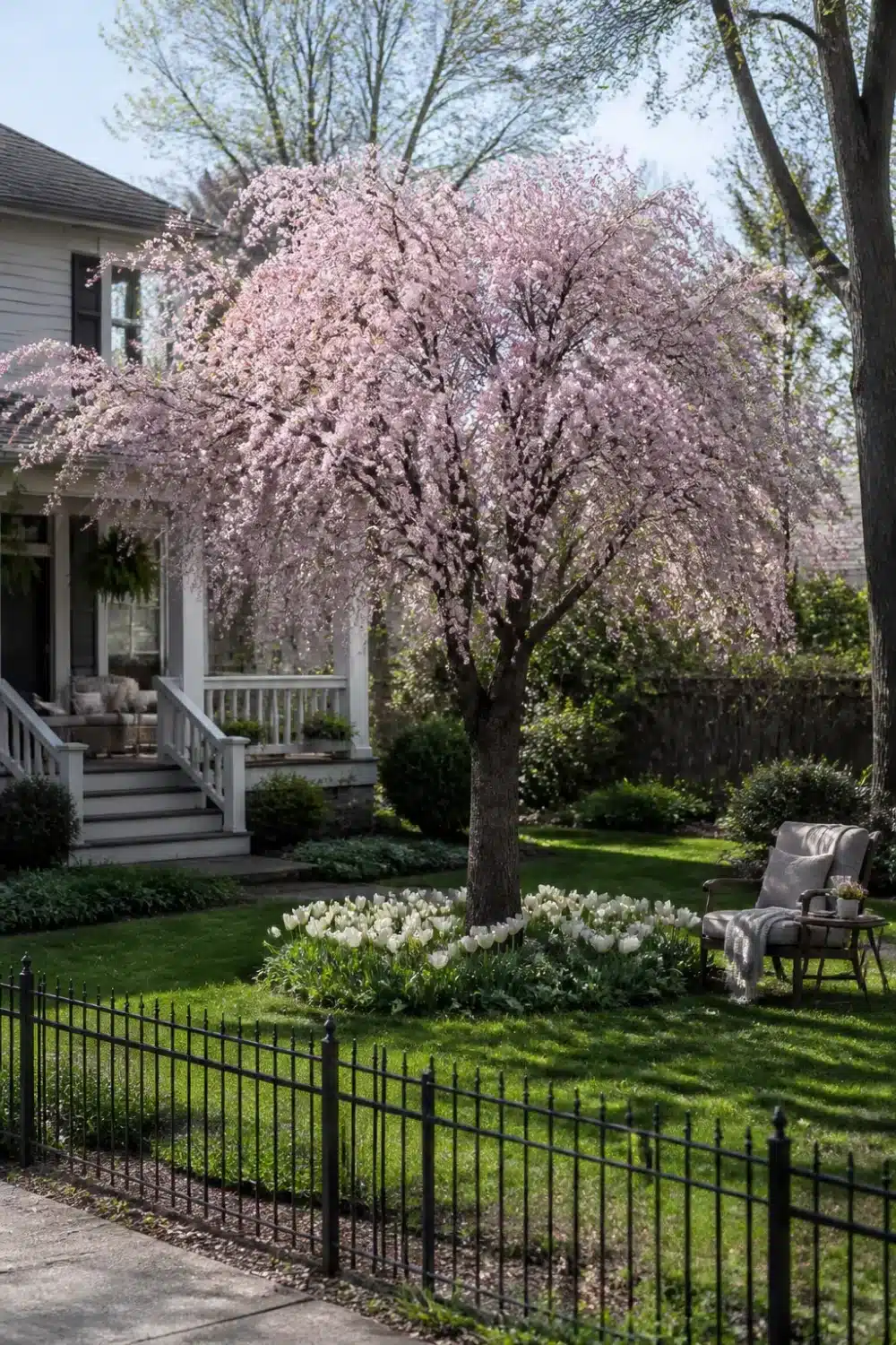 Front yard tree landscaping with weeping cherry in bloom and white tulip ring border, black iron fence