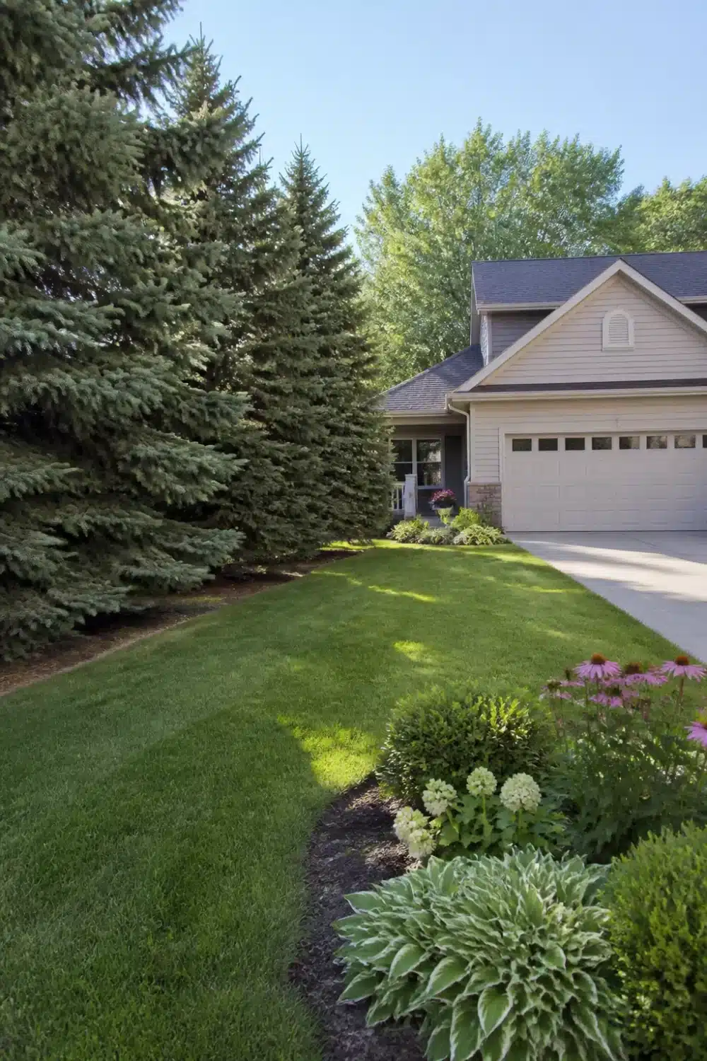Front yard tree landscaping with Norway spruce privacy screen, mixed perennial border, and neat lawn edge.