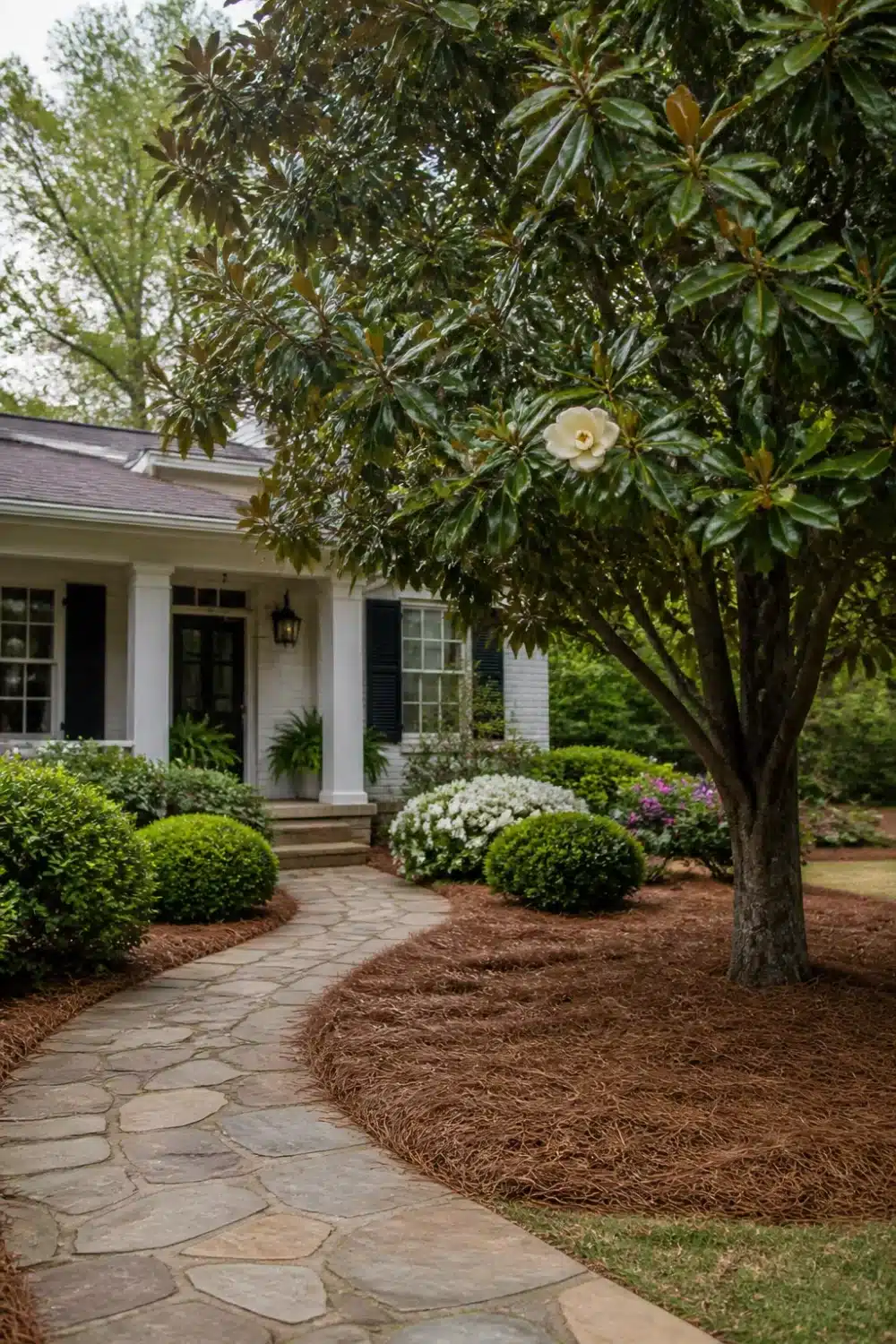 Front yard tree landscaping with a Southern magnolia, flagstone path, boxwood shrubs, and pine straw mulch beds.
