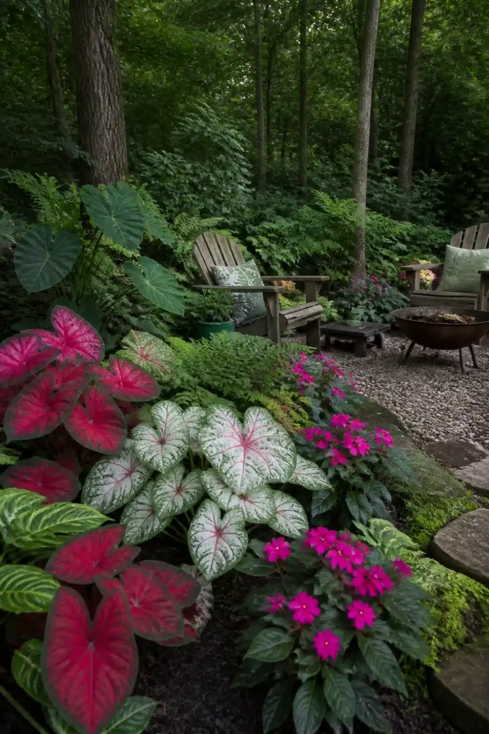 Full shade garden with pink and white caladiums, impatiens, and a gravel fire pit seating area under a woodland canopy.