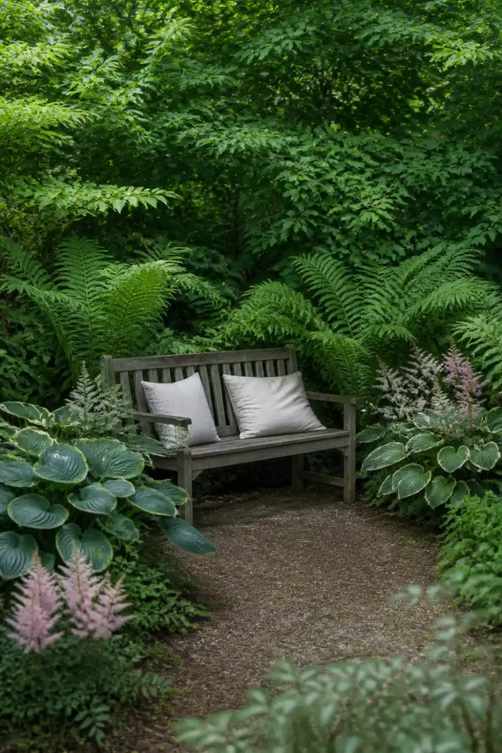 Full shade garden bench nook with hostas, ferns, pink astilbe, and gravel path under a woodland canopy