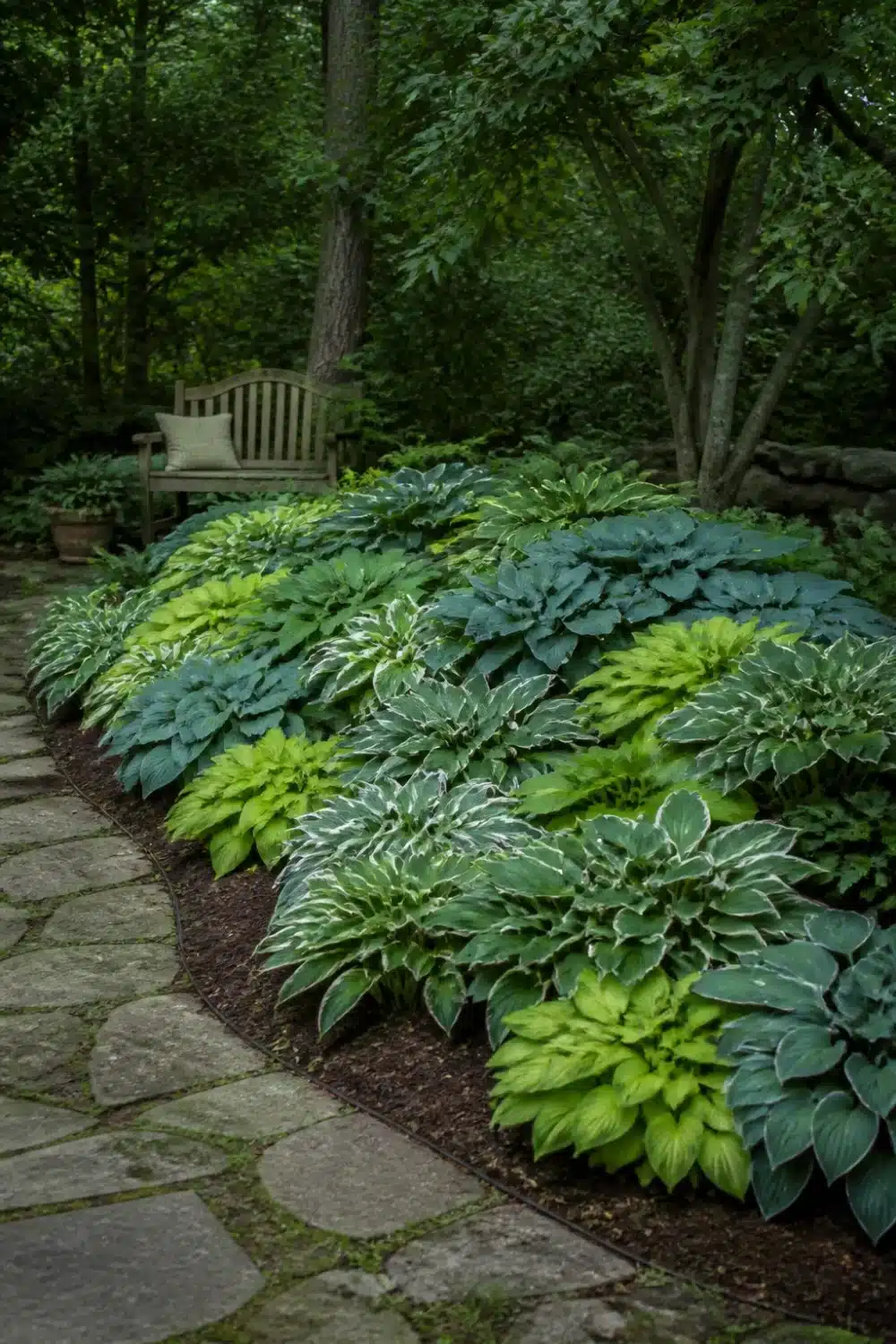 Mixed hosta varieties lining a flagstone path in a full shade garden with blue, gold, and variegated foliage.