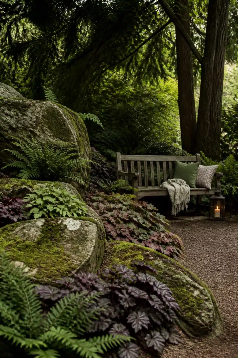 Full shade garden with moss-covered boulders, purple heuchera ground cover, ferns, and a wood bench on a gravel path.