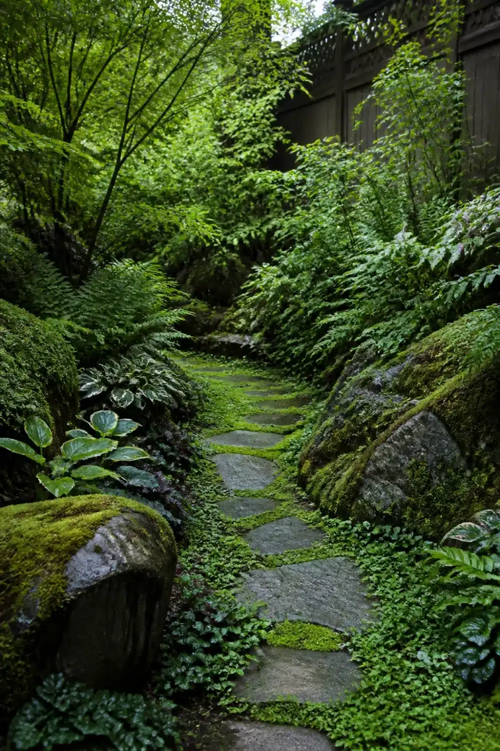 Moss-filled flagstone path winding through a full shade garden with ferns, hostas, and moss-covered boulders.