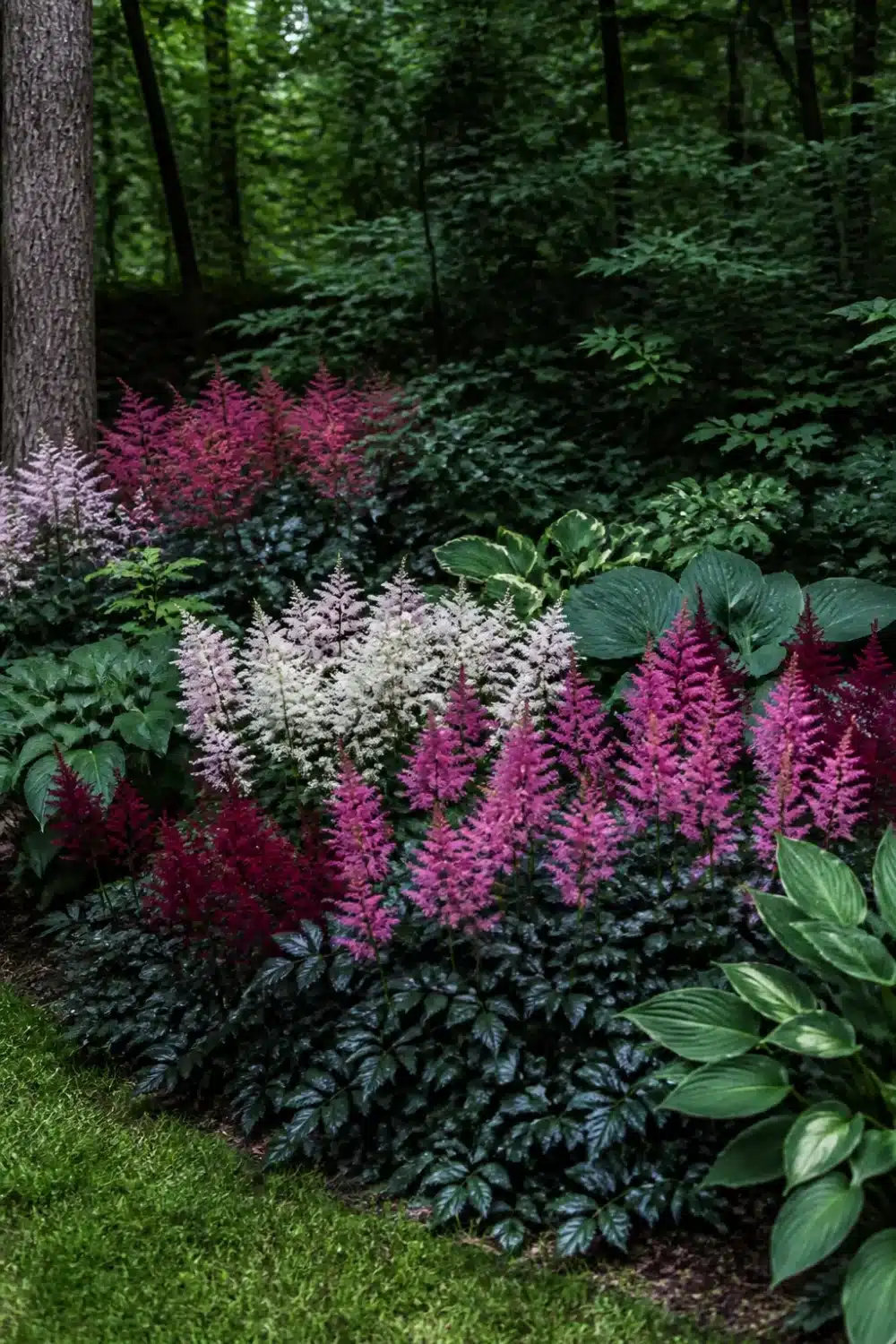 Full shade garden border with mixed astilbe plumes in burgundy, pink, and white beside dark foliage and hostas.