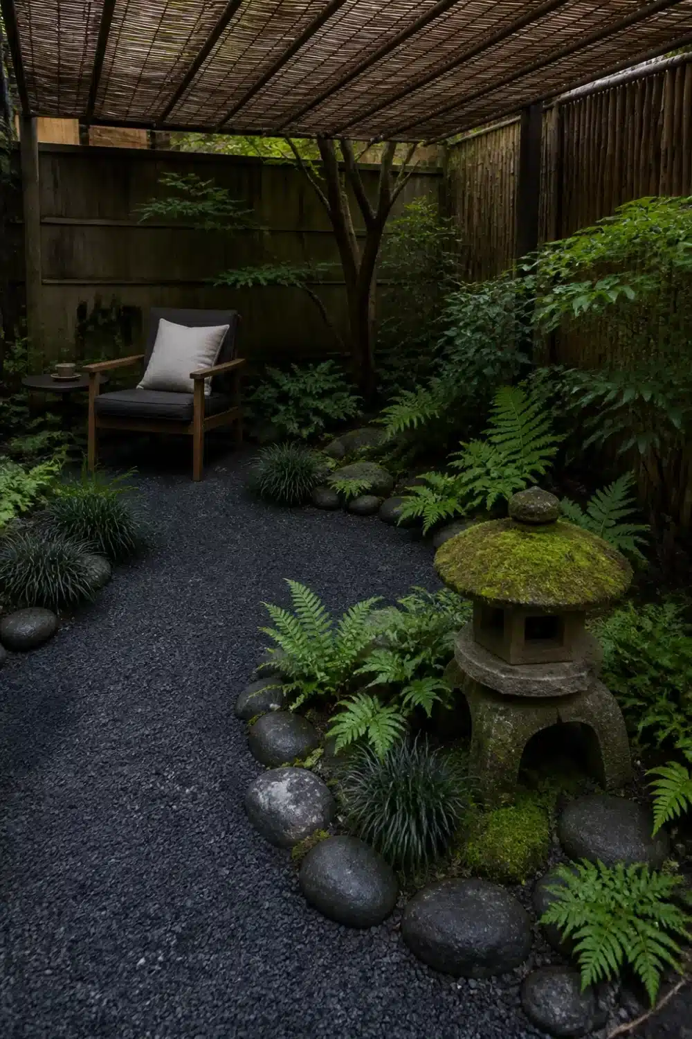 Japanese-inspired full shade garden with black gravel, moss-covered stone lantern, ferns, and a bamboo overhead screen.