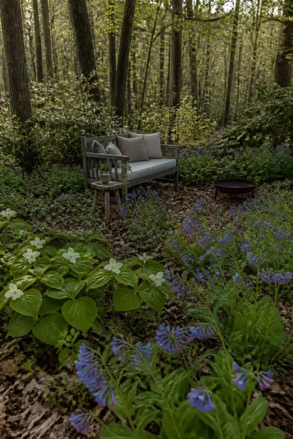 Full shade garden with bluebells, wildflowers, and a gray wood bench under a tall woodland tree canopy.