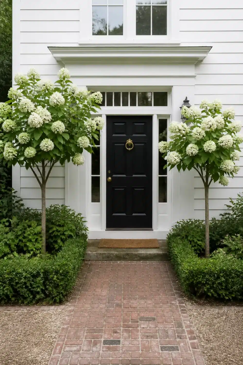 Hydrangea tree landscaping flanking a black front door with brick path and clipped boxwood base plantings.