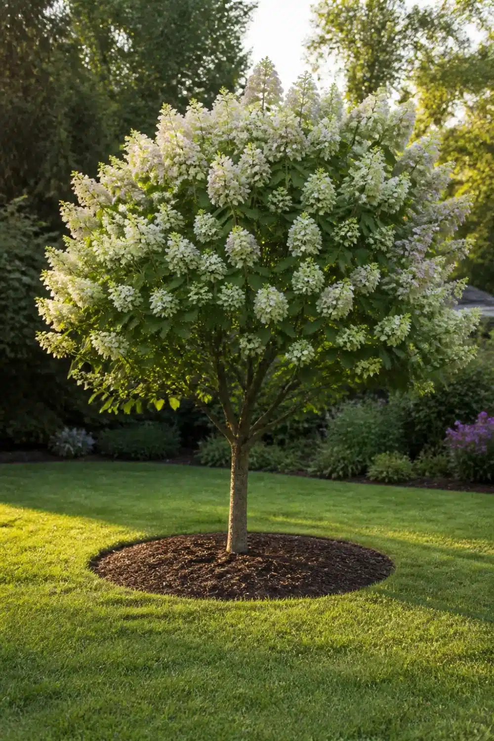 Hydrangea tree landscaping with a single trunk specimen tree and dark bark mulch ring on a green lawn