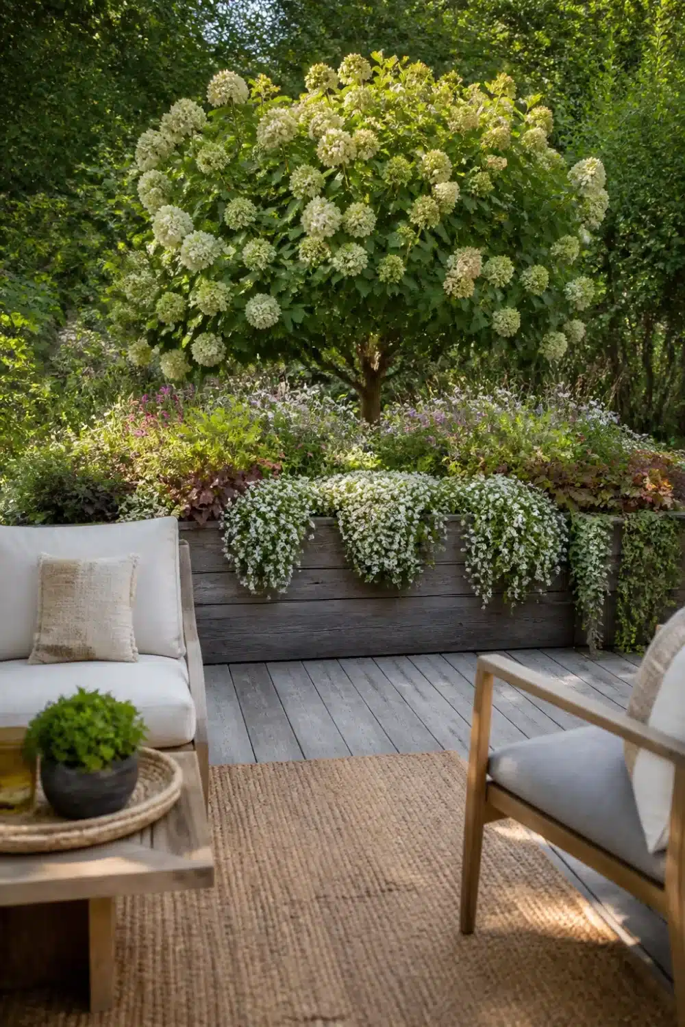 Hydrangea tree landscaping with cascading blooms over a weathered raised garden bed on a gray wood deck.