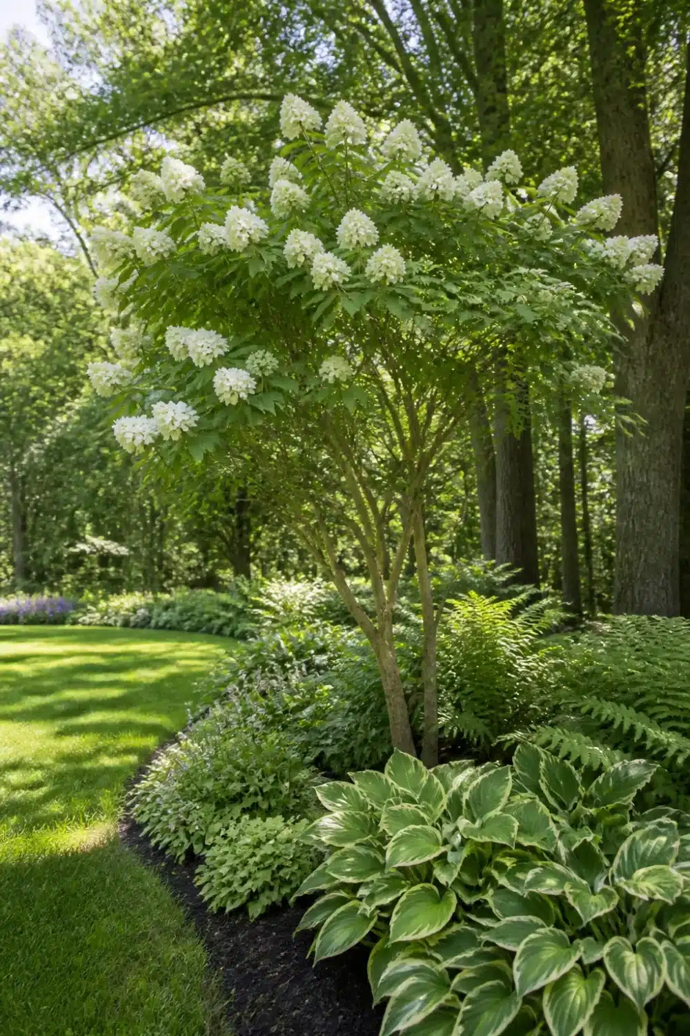 Hydrangea tree landscaping with hostas, ferns, and catmint in a shaded woodland garden border.
