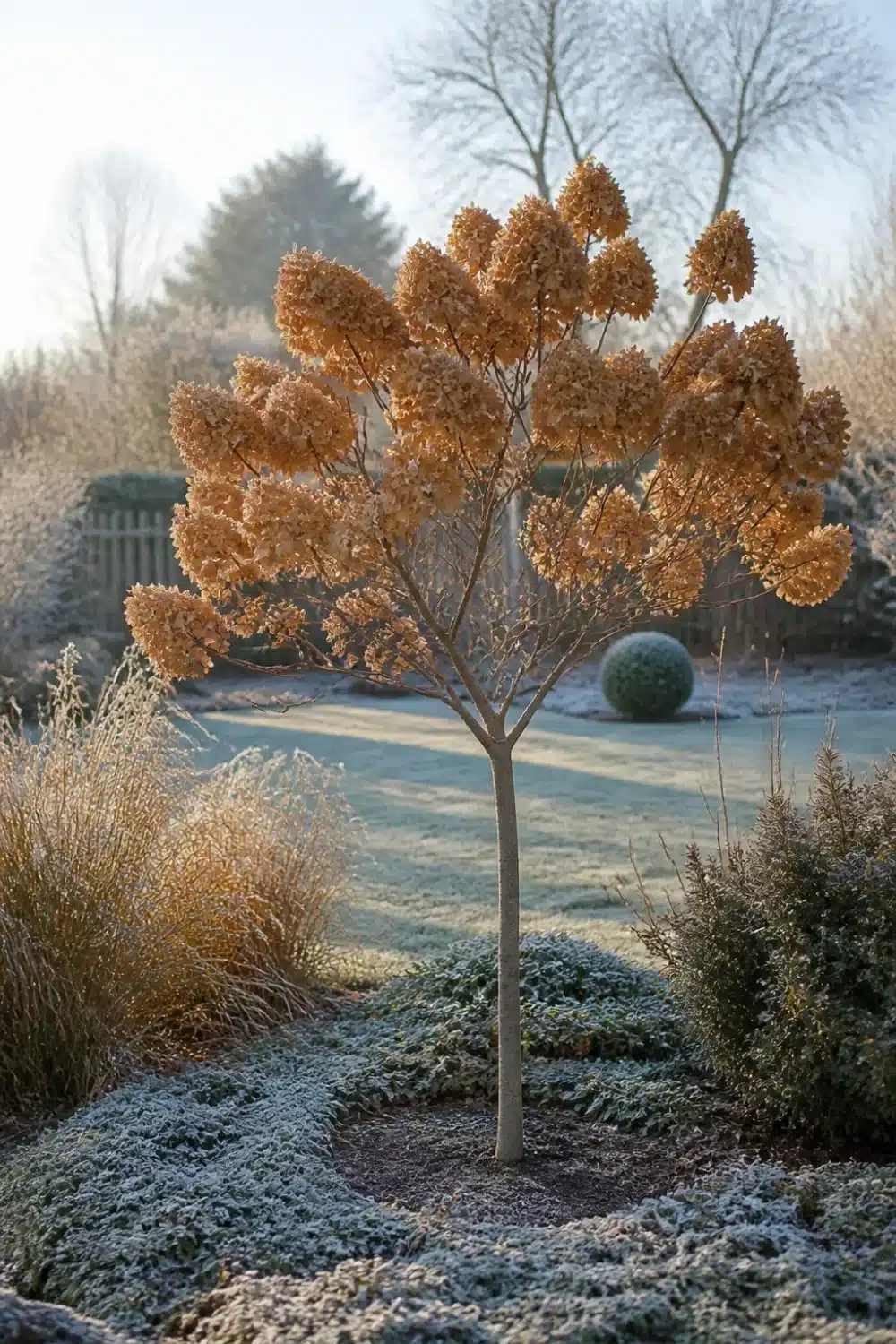 Hydrangea tree landscaping in a frost-covered winter garden with dried amber panicles glowing in morning light.