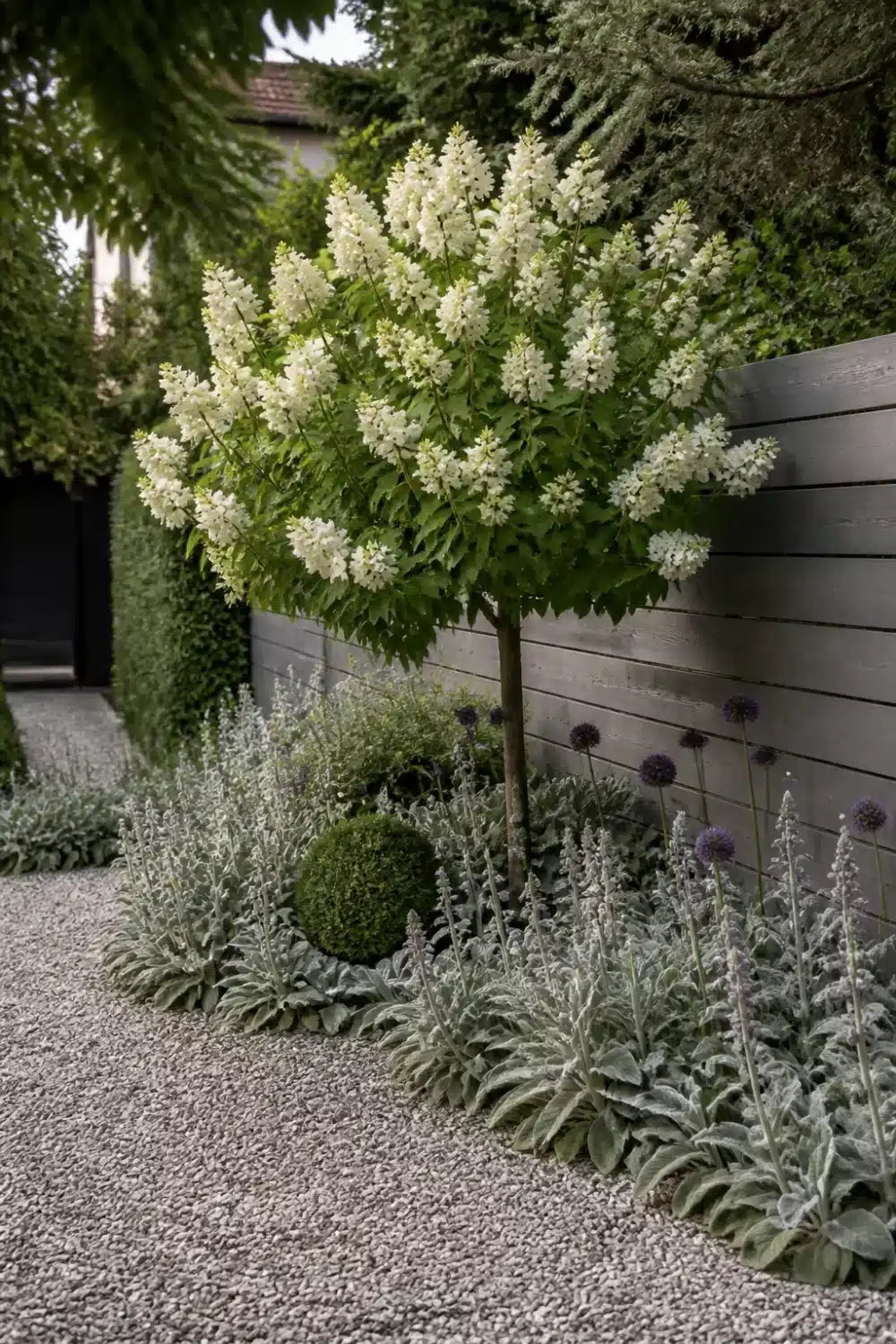 Hydrangea tree landscaping with silver lamb's ear, alliums, and dark timber fence in a modern gravel garden