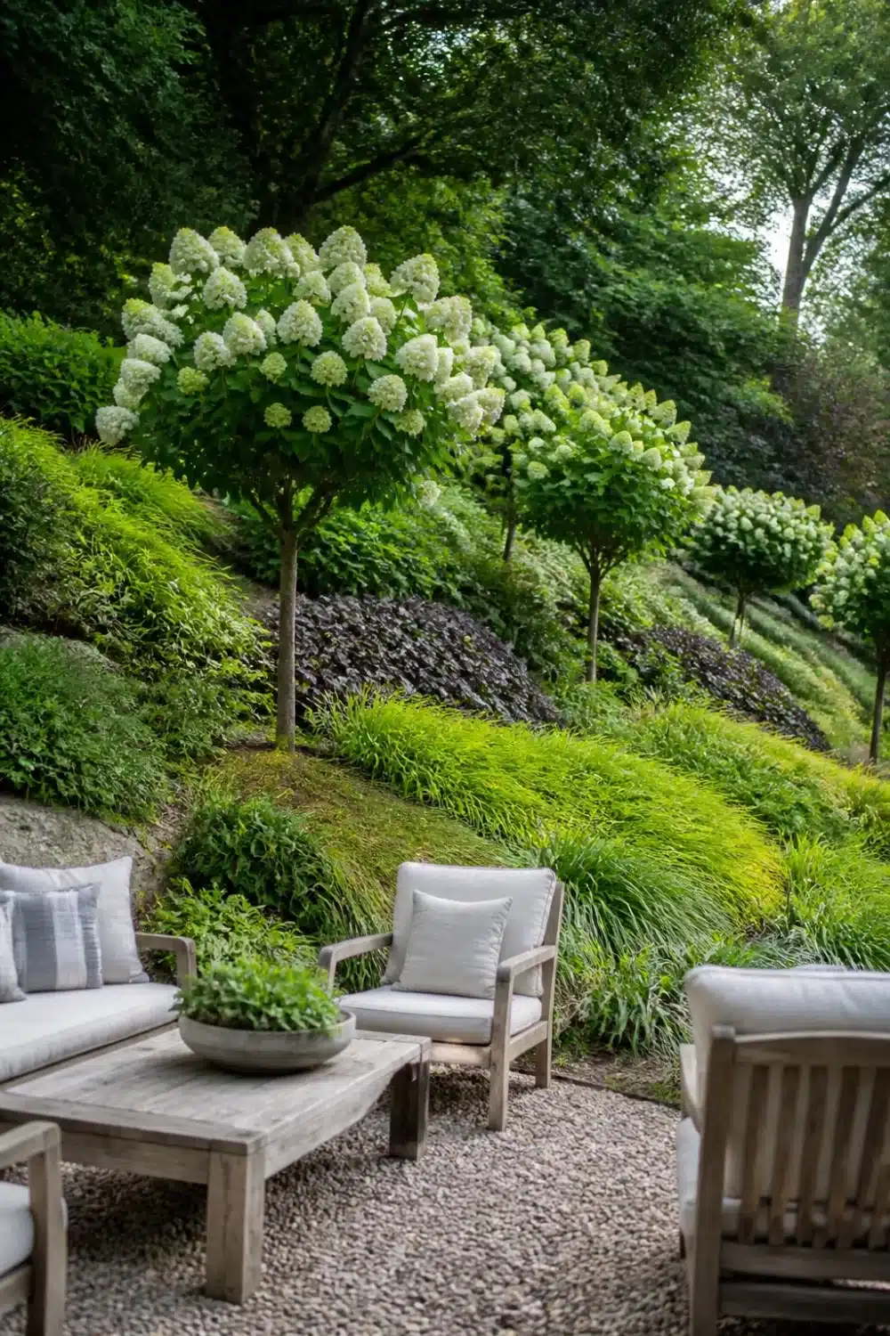 Hydrangea tree landscaping on a terraced hillside with gravel patio seating and layered ornamental grass planting.