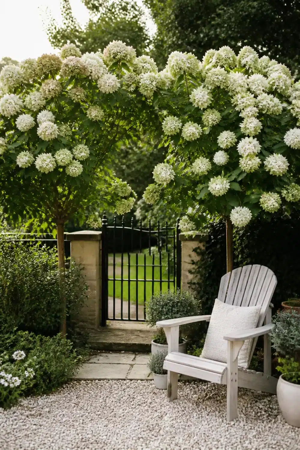 Hydrangea tree landscaping with white blooms arching over an iron garden gate, gravel patio, and Adirondack chair.
