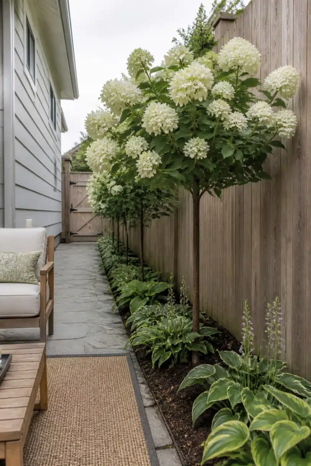 Hydrangea tree landscaping in a narrow side yard with hosta border and weathered wood fence