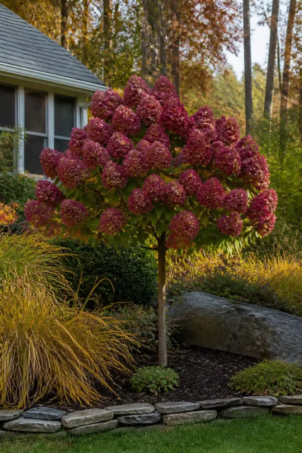 Hydrangea tree landscaping with deep crimson fall panicles, golden ornamental grass edging, and stone border in a backyard garden.