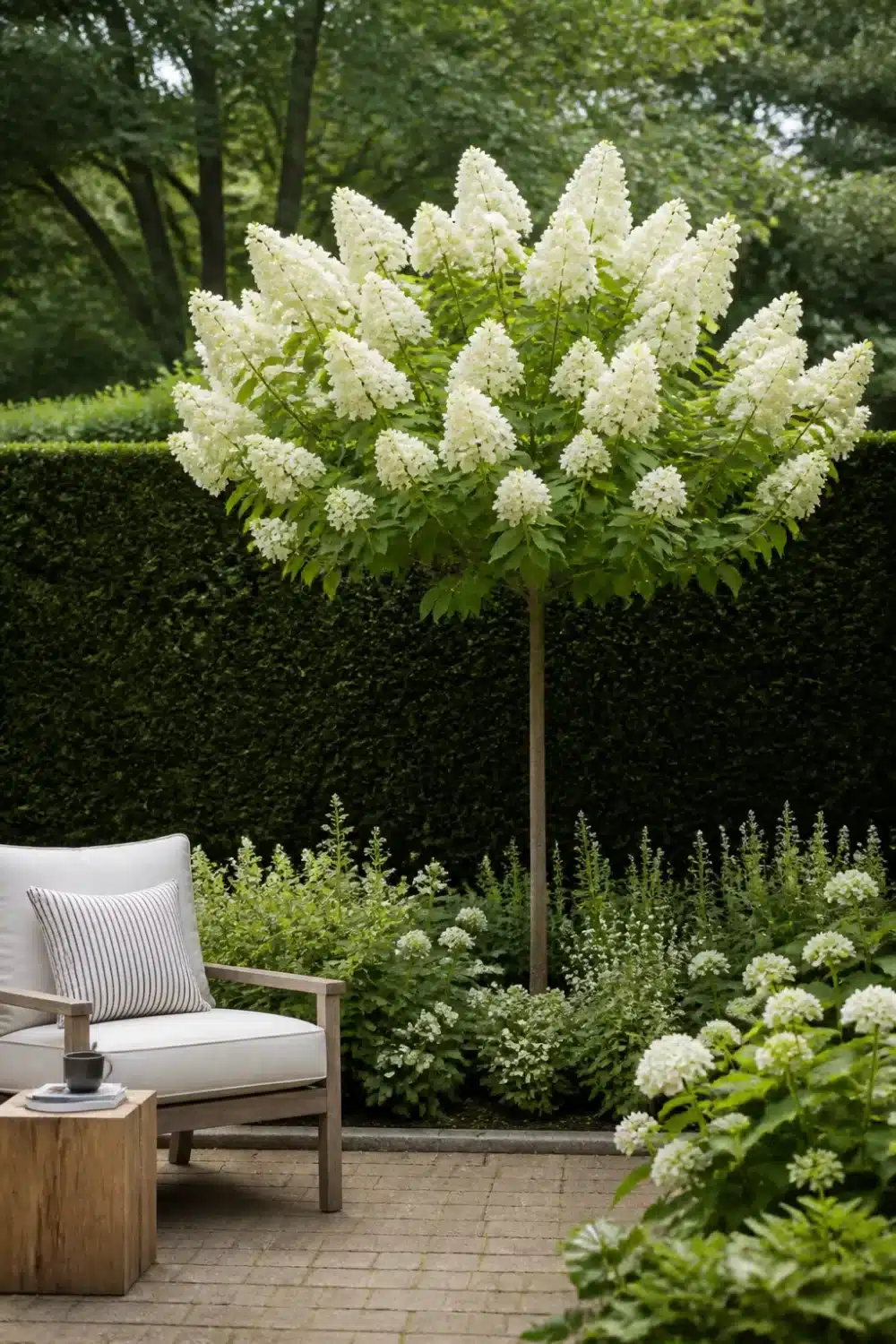 Hydrangea tree landscaping with white panicle blooms against a clipped evergreen hedge and brick paver patio.