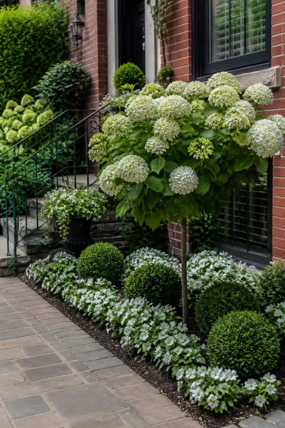 Hydrangea tree landscaping in a townhouse front garden with boxwood balls, white groundcover, and brick pavers.