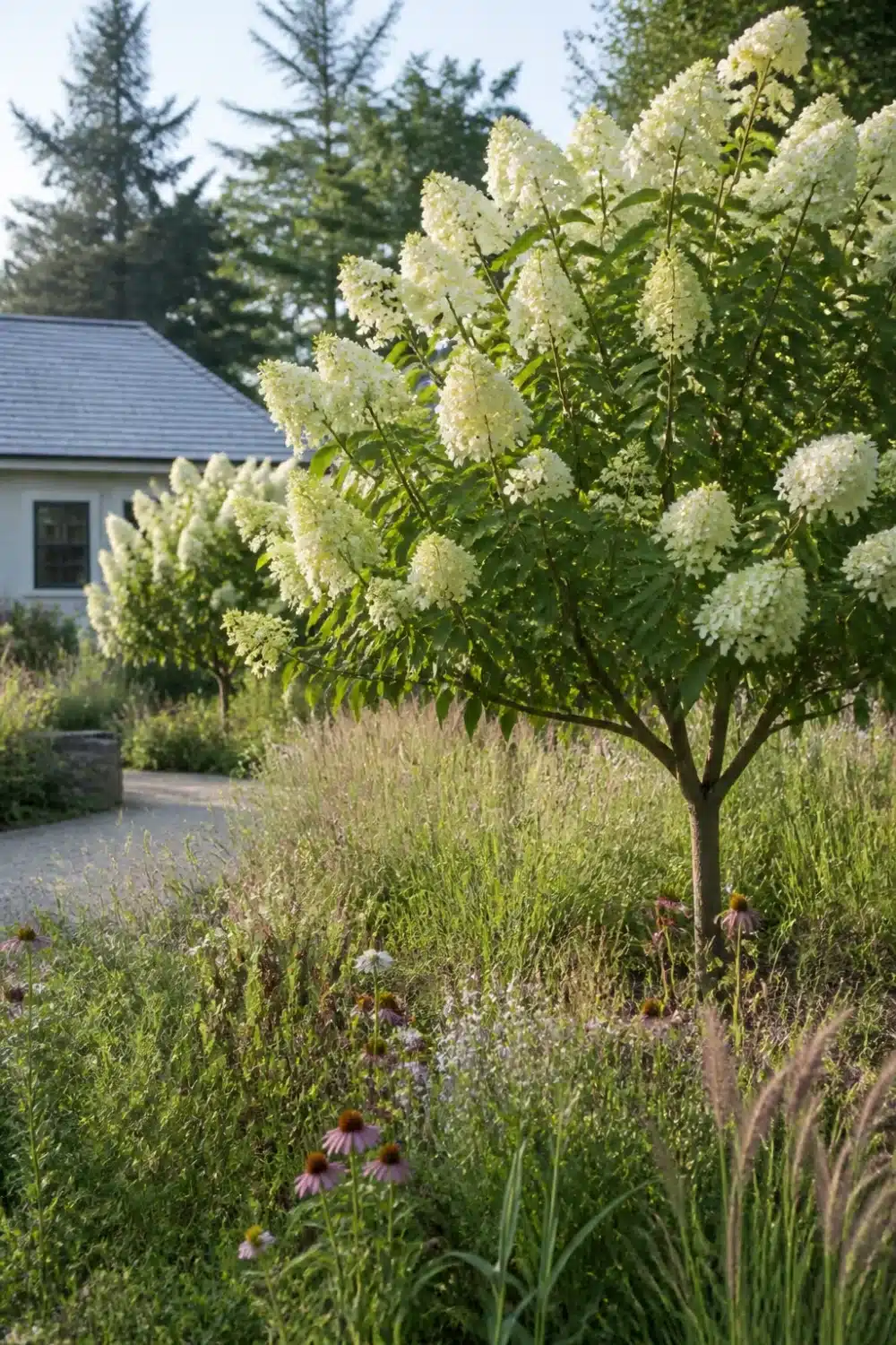 Hydrangea tree landscaping with echinacea and ornamental grass meadow border alongside a gravel path