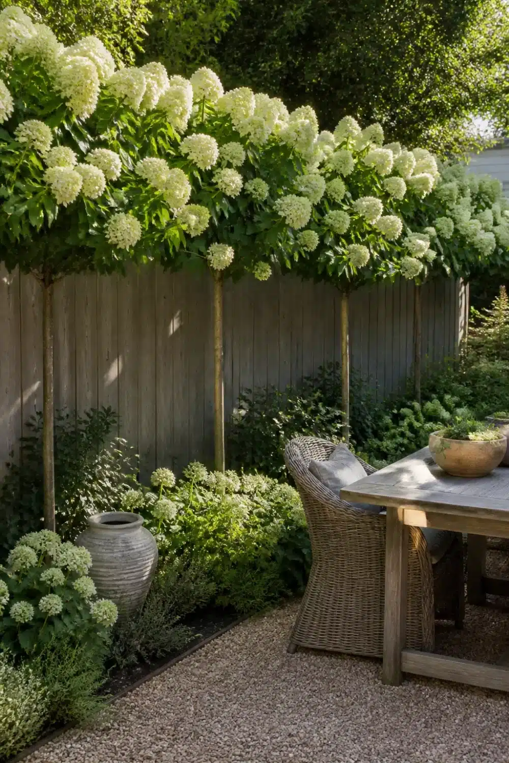 Hydrangea tree landscaping with lollipop standard row above gravel courtyard and wicker dining furniture.