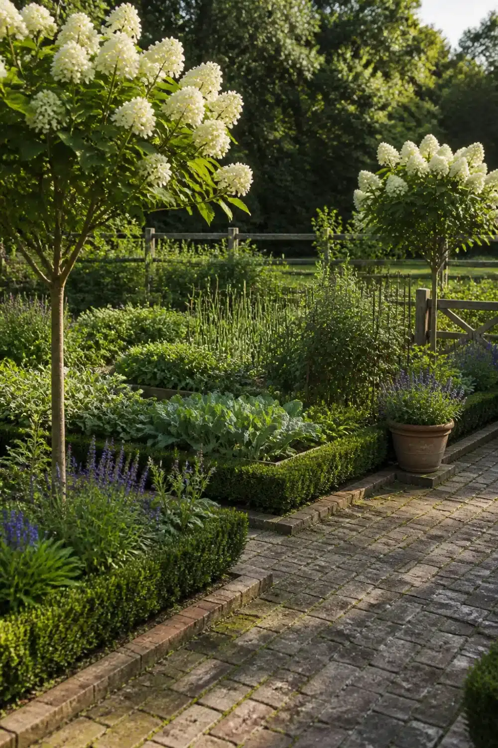 Hydrangea tree landscaping in a potager kitchen garden with brick paths, boxwood edging, and blue salvia borders.
