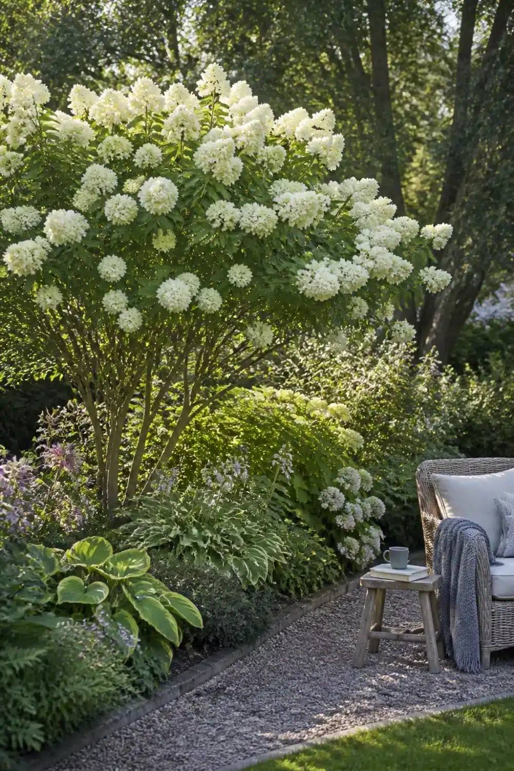 Multi-stem hydrangea tree landscaping with hosta border and gravel path in a lush garden setting.