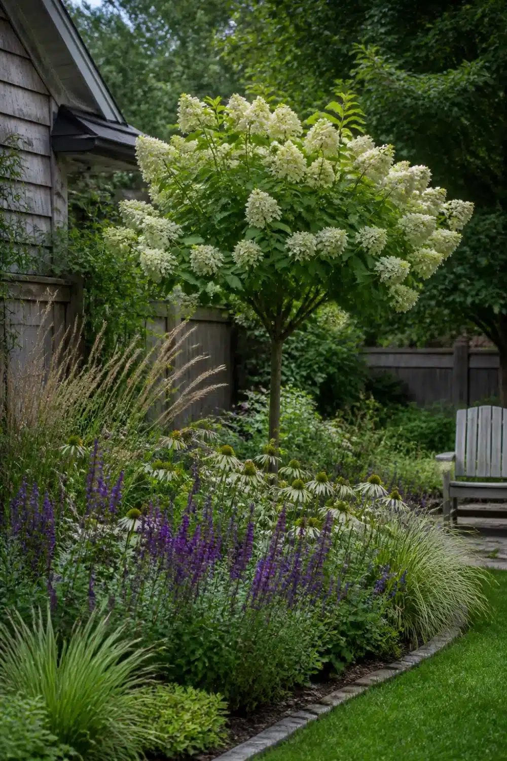Hydrangea tree landscaping with salvia, echinacea, and ornamental grasses in a mixed perennial border beside a house.