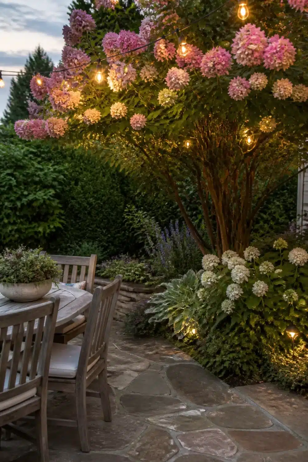 Hydrangea tree landscaping around a flagstone patio at dusk with string lights and uplighting, pink blooms overhead.