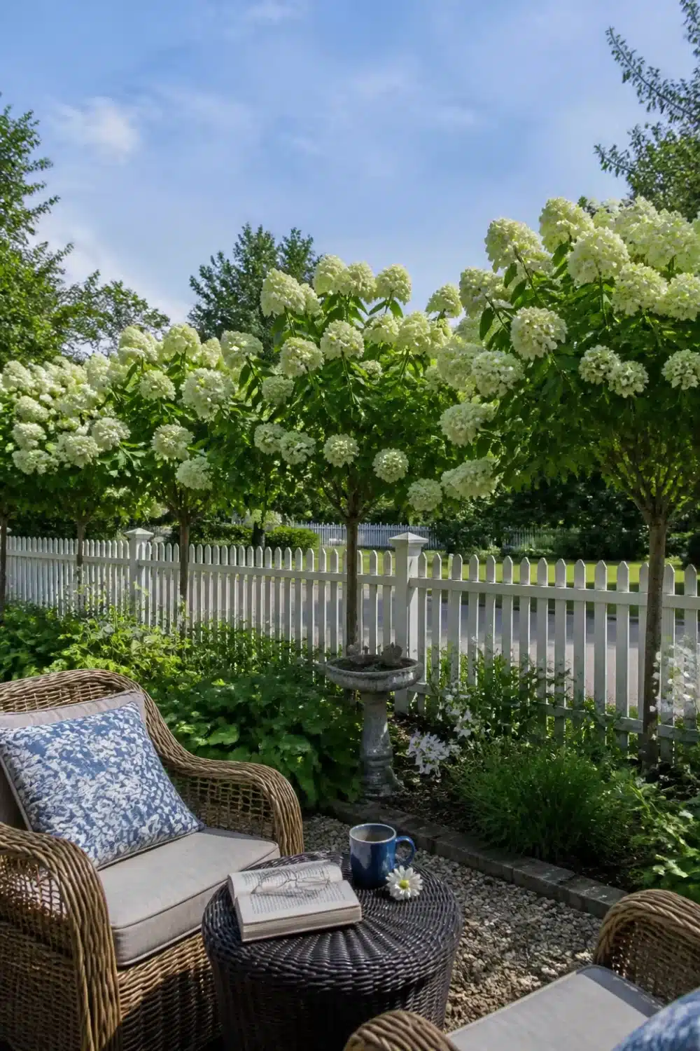 Hydrangea tree landscaping with standard-trained white blooms along a picket fence and wicker garden seating nook.