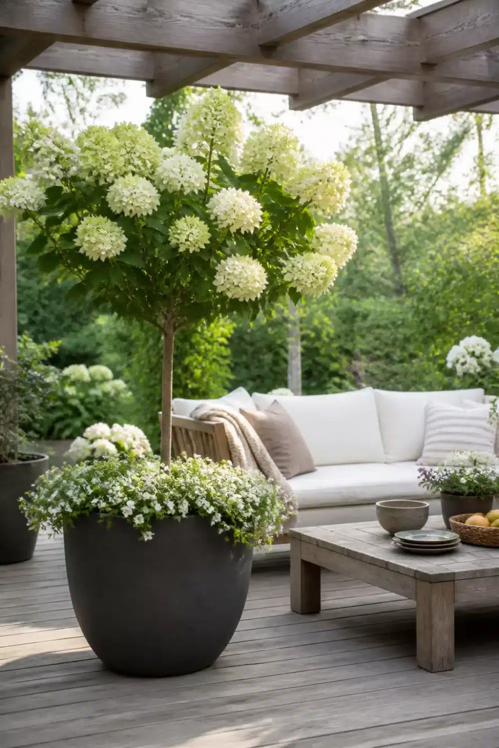 Hydrangea tree landscaping in a large dark concrete pot on a gray weathered deck with white blooms