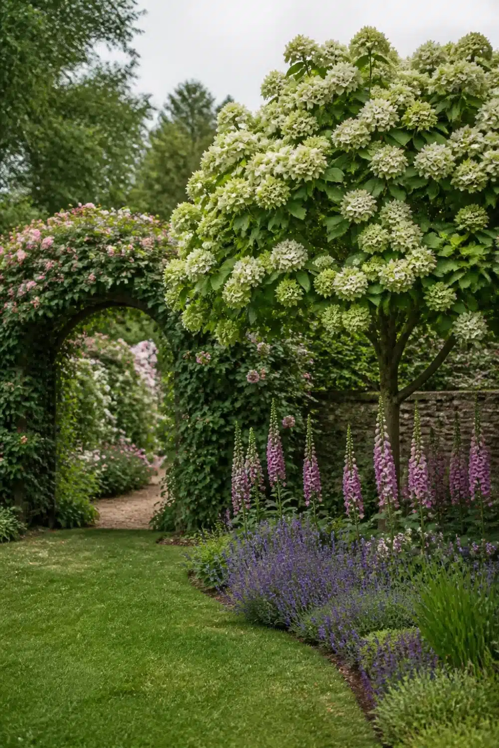 Hydrangea tree landscaping with rose arches, pink foxgloves, and purple salvia in a cottage garden border.