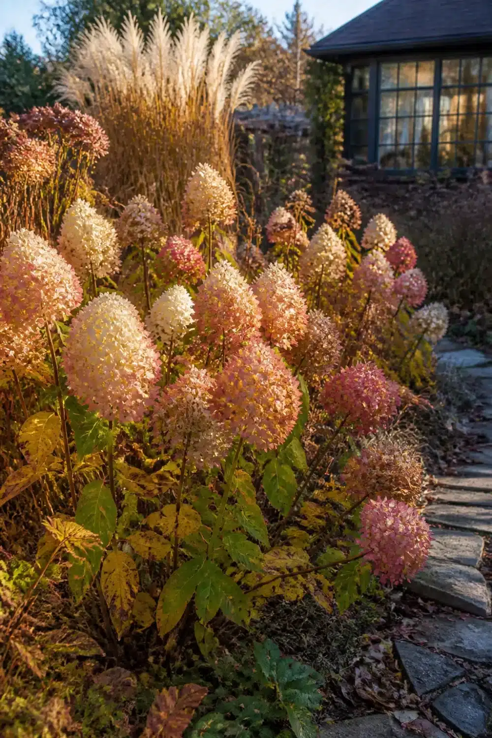 Limelight hydrangea landscaping in fall with dried pink cone blooms, pampas grass, and a flagstone path.