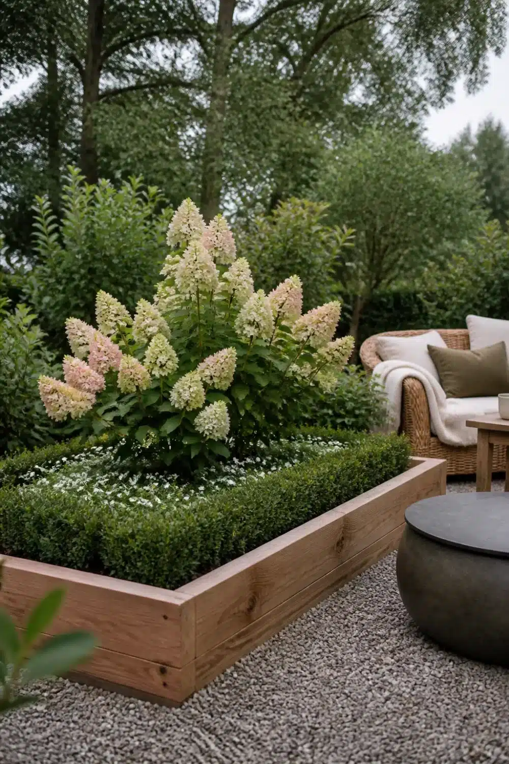 Limelight hydrangea landscaping in a cedar raised bed with boxwood underplanting and gravel patio surround.