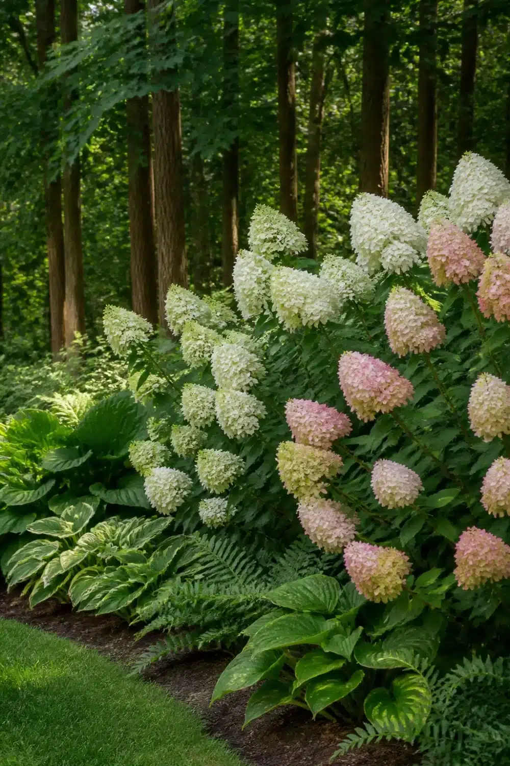 Limelight Hydrangea landscaping along a woodland edge with hostas and ferns beneath tall trees.