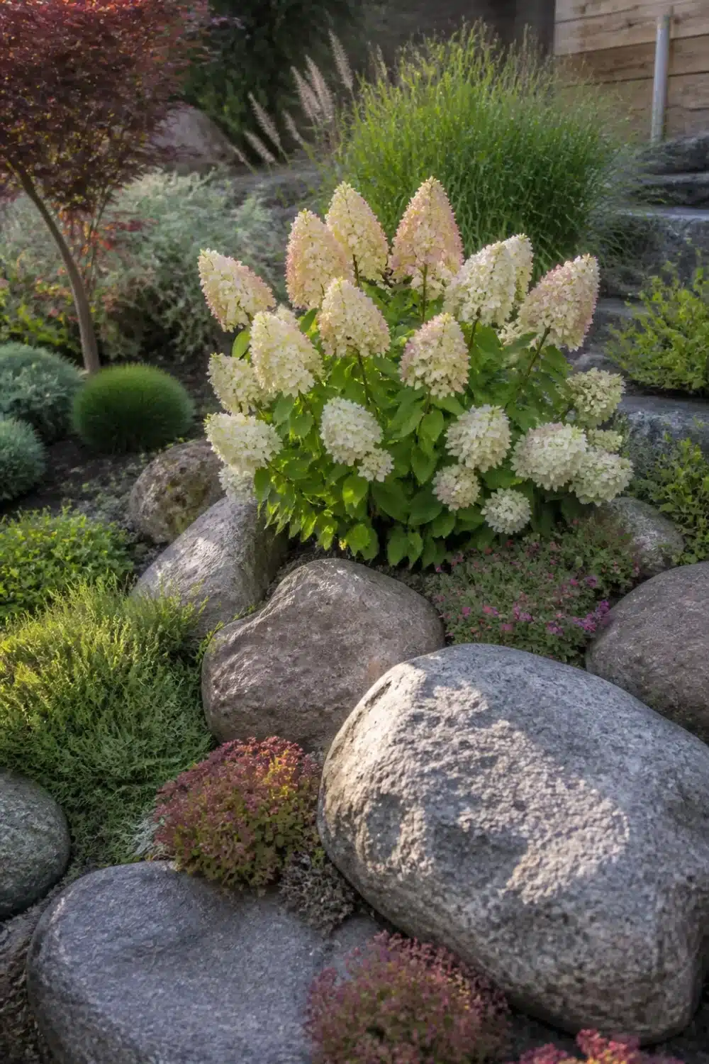 Limelight Hydrangea landscaping with boulder cluster and low groundcover planting in a rock garden setting.