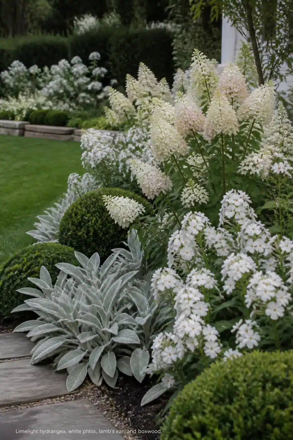 Limelight hydrangea landscaping with white phlox, lamb's ear, and clipped boxwood balls in a monochromatic garden border.
