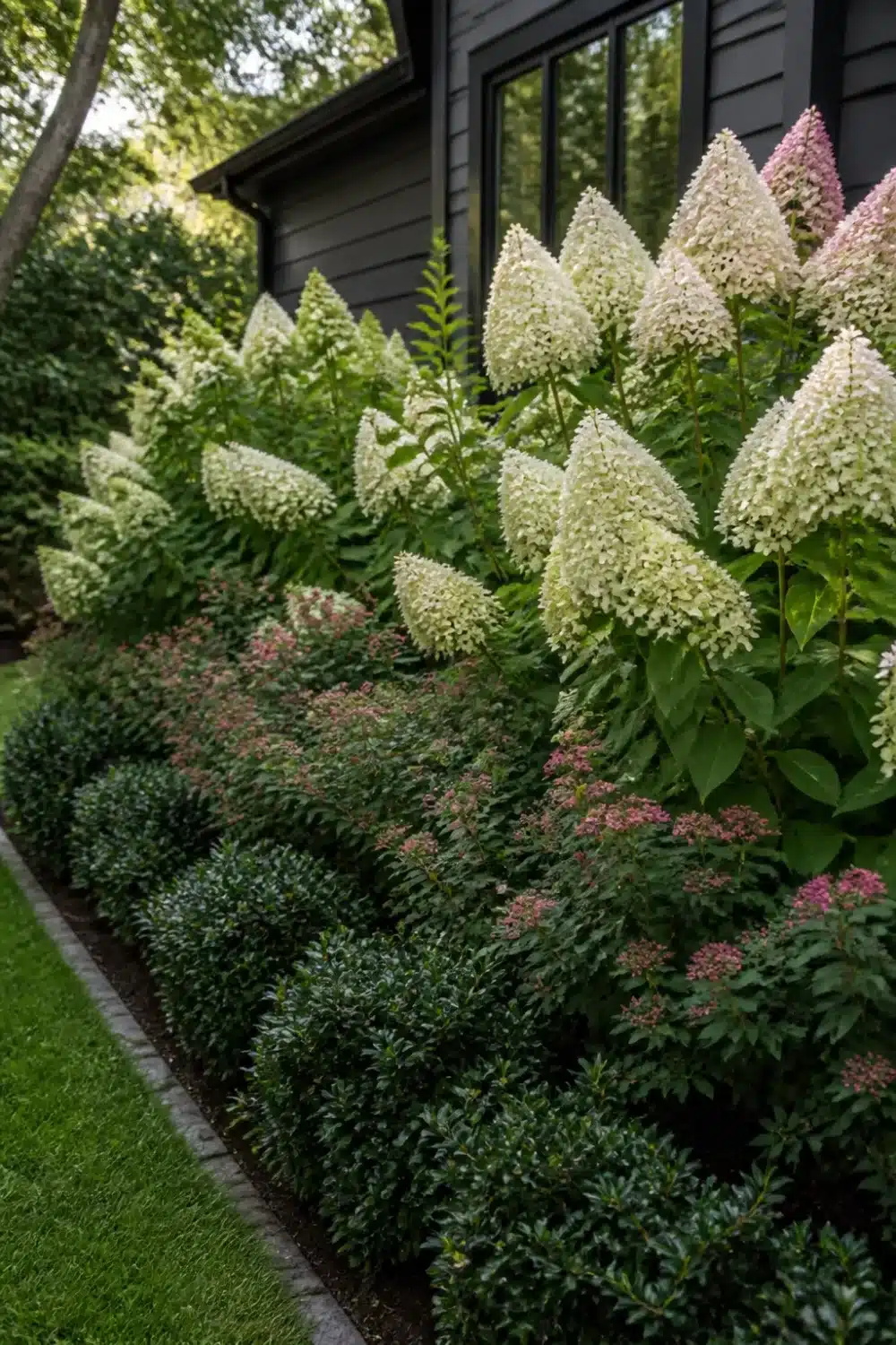 Limelight Hydrangea landscaping layered with evergreen shrubs against dark charcoal house siding.