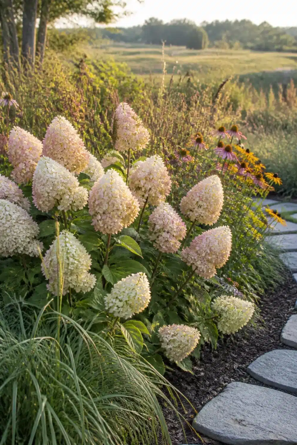 Limelight Hydrangea landscaping along a meadow edge with coneflowers, black-eyed Susans, and stone path steppers.