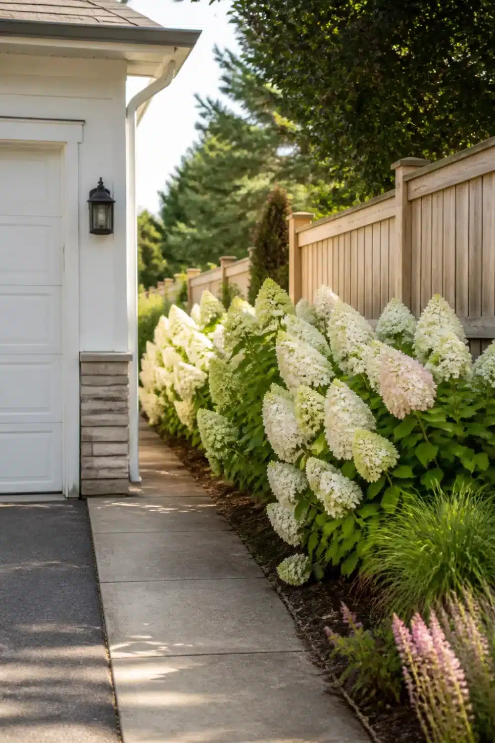 Limelight hydrangea landscaping along a garage side yard with a cedar fence and concrete path
