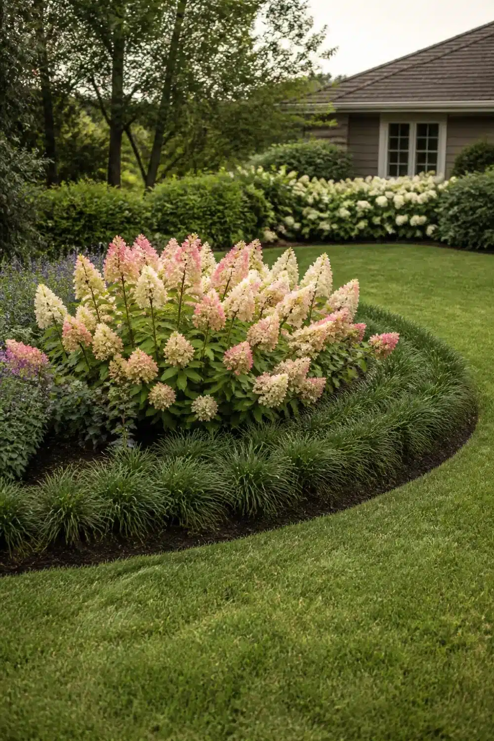 Limelight Hydrangea landscaping in an oval island bed with monkey grass border and pink cone blooms in a front lawn.